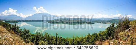 Lake Fierza Near City Kukes In Albania In Summer With Mountains In Background