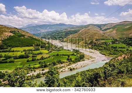 Panoramic View On Black Drin River In Albania In Summer