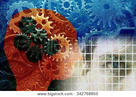Human Face With Robot Head Over Gears Background -- Ai Or Machine Learning Artificial Intellience Co