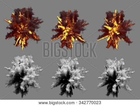 Set Of Round Explosions Of Anti Aircraft Gun Shell Hit Or View From Above On Bang Or Rocket Intercep