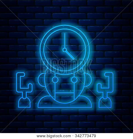 Glowing Neon Line Robot And Digital Time Manager Icon Isolated On Brick Wall Background. Time Manage