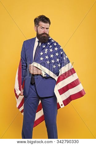 National Pride. Bearded Man Wearing National Flag Of The Usa On Formalwear. Confident Businessman Ce