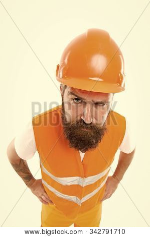 Worker Builder Confident And Successful. Protective Equipment Concept. Builder Enjoy Success. Strong