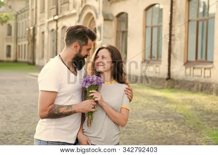 Couple Meeting For Date. Man Giving Flowers. Golden Rules Perfect Date. Simple Happiness. Romantic D