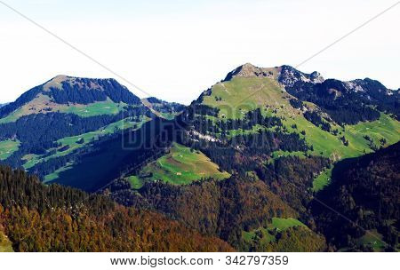 Alpine Mountains Stockberg And Neuenalpspitz Above The Thur River Valley And In The Toggenburg Regio
