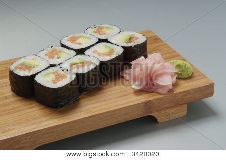 sushi japanese food over wood plate for