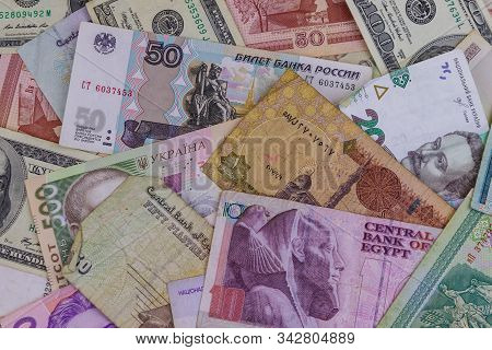 Multicurrency Background Of Us Dollars, Russian Rubles, Belarusian Rubles, Egyptian Pounds And Ukrai