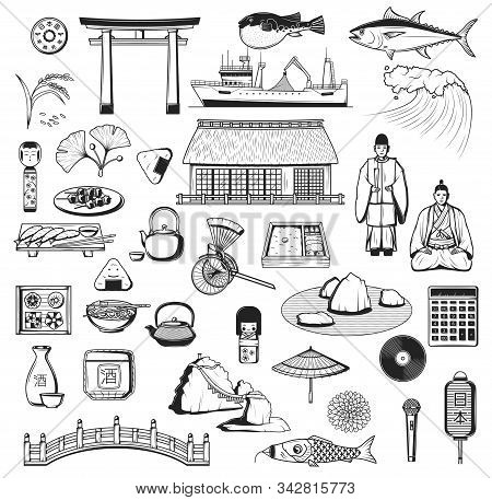 Japanese Vector Icons With Culture, Travel And Food Symbols Of Japan. Pagoda, Fish And Lantern Sketc