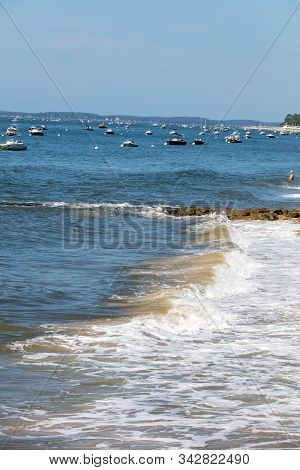 Arcachon, France - September 10, 2018: Boats Moored  In Archachon Bay, Gironde, France