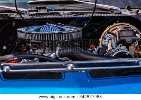 Blue Classic Muscle Car Under Hood Close Up, Big Chrome Round Air Intake Filter, Engine And Radiator