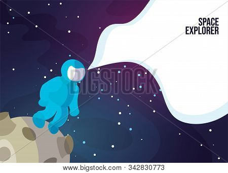 Astronaut Astronaut Walking On The Moon Or Asteroid. Space Exlorer Man In Blue Space Suit In Deep Sp