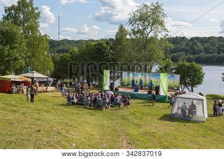 NIKOLSKIY / LENINGRAD REG, RUSSIA - JUN 16, 2018: During festival events dedicated to 69th anniversary of urban-type settlement Nikolskiy formation on the river Svir connecting Onega and Ladoga lakes.
