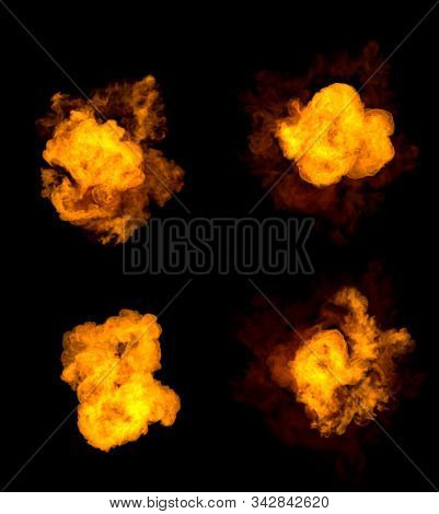 High Resolution Bomb Blasts - Set Of 4 Various Renders Of Fire Explosion Isolated On Black Backgroun