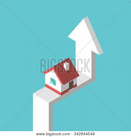 Isometric House On Arrow On Turquoise Blue. Rise, Growth, Price, Investment And Real Estate Concept.