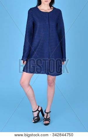 Woman Brunette Hair Wearing Blue Color Fashion Clothes, Business Style Dress For Office. Model Wear 