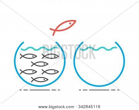 Unique Fish Jumping From Crowded Fishbowl In New One. Solitude, Abundance And Scarcity Mentality, In