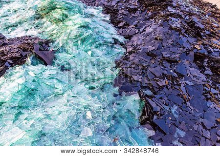 Image Of Waste Glass For Recycling In Industry, Broken Glass Recycled.