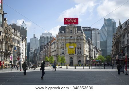 Brussels, Belgium - 6th June, 2019: Historic City Center, The Heart Of Brussels - Place De Brouckere