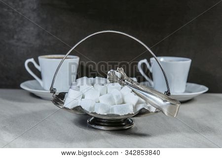 Sugar Cubes In Metal Vintage Sugar  Bowl With Sugar Tongs.