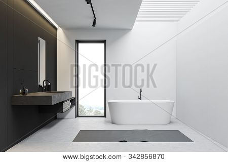 White And Gray Loft Bathroom With Tub And Sink