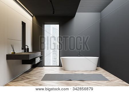 Gray And White Loft Bathroom With Tub And Sink