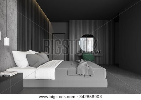 Dark Wood Bedroom With Makeup Table, Side View