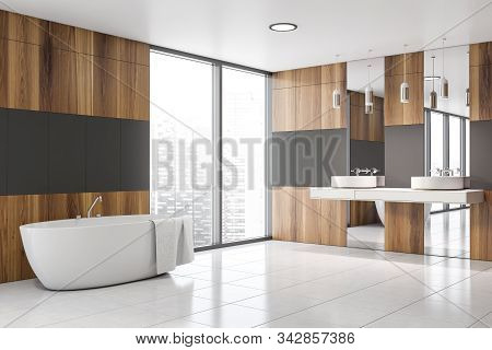 Gray And Wooden Bathroom Corner, Tub And Sink