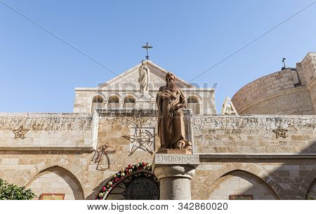 Jerusalem, Israel, December 28, 2018 : Statue Of St. Hieronymus Stands In The Courtyard Of The Chape