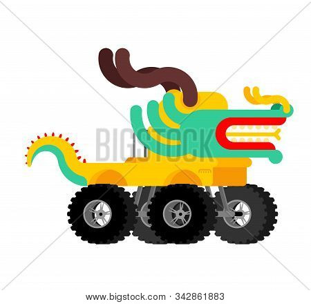 Monster Truck Dragon. Cartoon Car Animal On Big Wheels. Vector Illustration