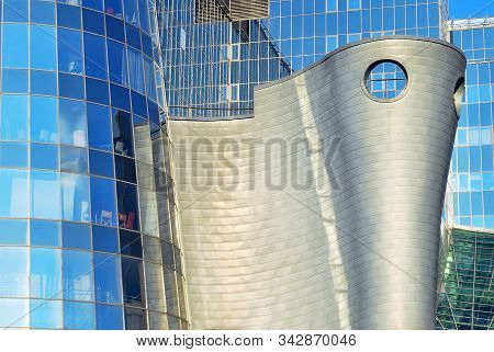 Warsaw,poland 10 May 2016.the New Polish Television Building In Warsaw Confronts The Surrounding Ban