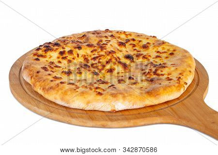 Georgian Traditional Food Khachapuri On A Wooden Dish On White Background.