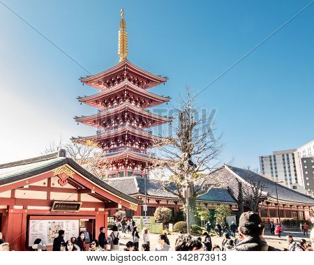 Tourists Visit Gojunoto Five Story Pagoda At Senso-ji Temple