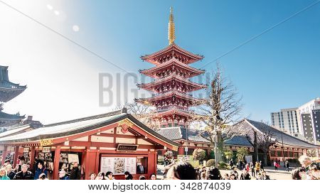 Tourists Visit Gojunoto Five Story Pagoda At Senso-ji Temple
