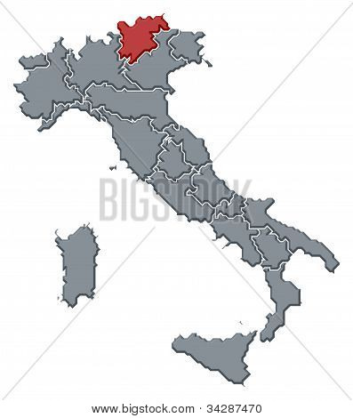 Map Of Italy, Trentino-alto Adige/südtirol Highlighted
