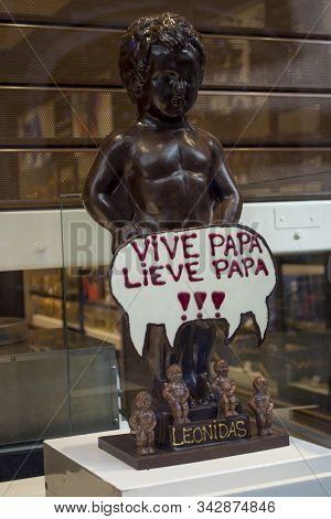 Brussels, Belgium - 6th June, 2019: Chocolate Figurine Of A Pissing Boy, Manneken Pis. Belgian Choco