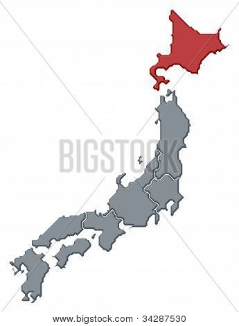 Kort over Japan, Hokkaido fremhævet