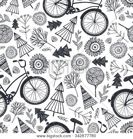 Vector Bicycle Seamless Pattern With Trees, Florals, Flowers. Black And White