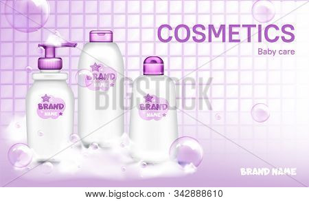 Baby Cosmetic Bottle Design In Bathroom Realistic Vector. White Dispenser Shampoo Pack Or Liquid Cre