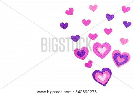 White Background. Red, Pink, Vilolet Felt Hearts. Copy Space. Place For Text And Design. Valentines 