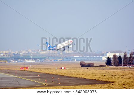 Warsaw, Poland. 24 July 2018. Airplane Ok-tvf Travel Service Boeing 737-8fh(wl)  Taking Off From The