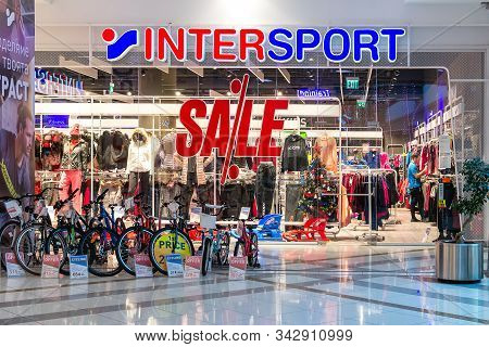 Varna, Bulgaria, December 20, 2019. Entrance To Intersport Shop In The Grand Mall Shopping Center. S