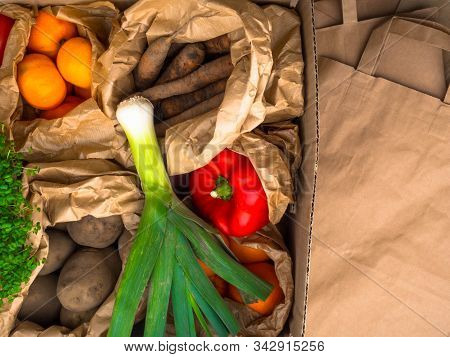 Full Zero Waste Paper Bags Of Different Health Food, Vegetables And Fruits, Health Food, Rich In Vit