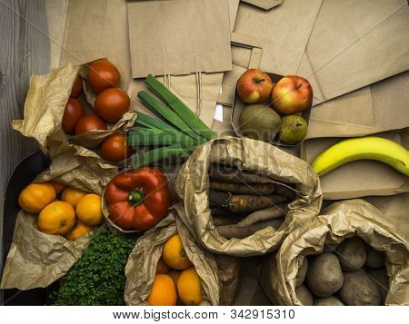 Full Zero Waste Paper Bags Of Different Health Food, Vegetables And Fruits, Health Food, Rich In Vit
