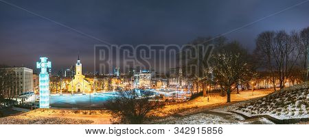 Tallinn, Estonia - December 4, 2016: Panorama Of Church Of St. John Jaani Kirik At Night Time. Large