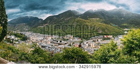 Andorra, Principality Of The Valleys Of Andorra - May 15, 2018: Top Panoramic View Of Cityscape In S