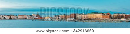 Helsinki, Finland - December 10, 2016: Panoramic View Of Kanavaranta Street With Uspenski Cathedral 