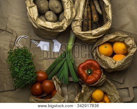 Full Zero Waste Paper Bags Of Different Health Food, Vegetables And Fruits, Health Food, Rich In Vit