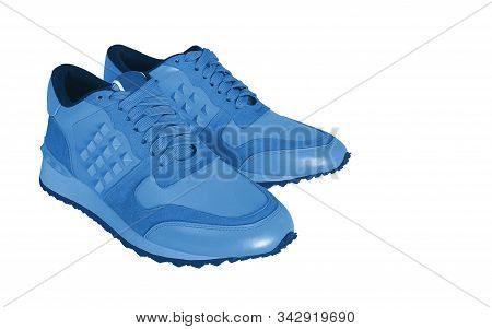 Blue Sneakers On White Background. Classic Blue - Color Of The Yaer 2020