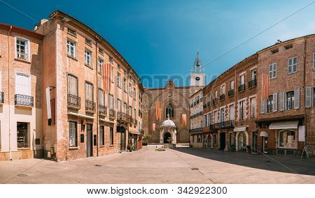 Perpignan, France. Leon Gambetta Square And Cathedral Basilica Of Saint John The Baptist Of Perpigna