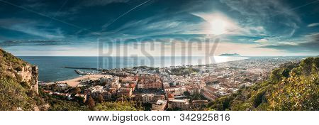 Terracina, Italy. Top View Of Terracina And Tyrrhenian Sea In Sunny Day. Panoramic View, Panorama.